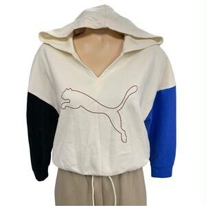 Puma Cream Hoodie with Black and Blue Sleeves Size S